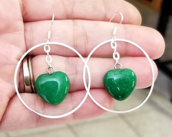 Sterling Silver Jade Earrings, Jade Earrings, Jade Dangle Earrings, Silver Hoop Earrings, Jade Jewelry, Jade Heart, Hoop Dangle Earrings