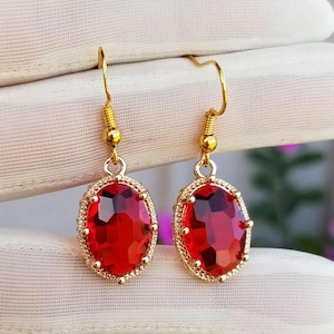 14k Gold Large Oval Ruby Dangle Earrings: July Birthstone Jewelry, Ruby Jewelry, Red Gemstone