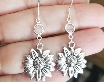 Sterling Silver Sunflower Earrings, Crystal Sunflower Dangle Earrings, Women's Earrings, Silver Flower Earrings, Gift for Her, Flowers