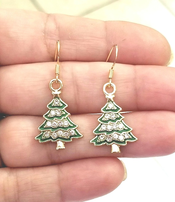 14k Gold Christmas Earrings Crystal Christmas Tree Dangle Earrings Christmas Jewelry Christmas Earrings Gold Christmas Earrings Etsy