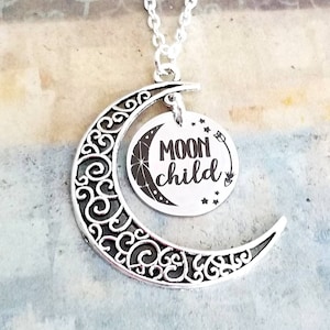 Silver Moon Child Necklace, Silver Moon Star Necklace, Moon and Star Jewelry, Womens Necklace, Bohemian, Hippie, Boho, Flower Child Gift
