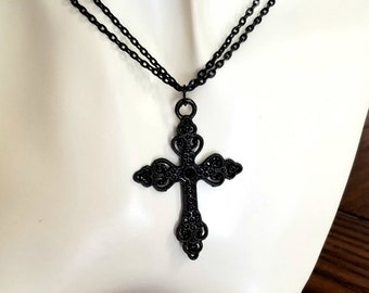 Black Cross Necklace, Double Chain Choker Necklace, Layered Cross Choker, Womens Necklace, Cross Pendant Necklace, Religious, Gothic Jewelry