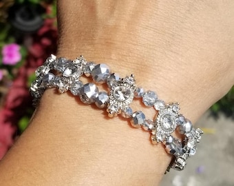 Art Deco Crystal Beaded Bracelet, Silver Crystal Bracelet, Wedding Jewelry, Bridal Bracelet, Elegant Bracelet