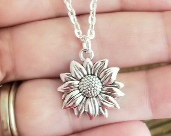 Silver Sunflower Necklace, Sunflower Pendant Necklace, Flower Necklace, Flower Jewelry, Gifts for Her, Sunflower Jewelry, Womens Necklace
