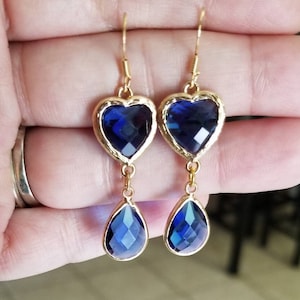 14k Gold Blue Sapphire Earrings, Gold Earrings, Womens, Dangle, Double Drop Earrings, Blue Sapphire Jewelry, Teardrop, September Birthstone