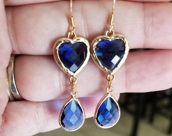 14k Gold Blue Sapphire Earrings, Gold Earrings, Womens, Dangle, Double Drop Earrings, Blue Sapphire Jewelry, Teardrop, September Birthstone