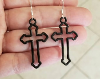 Large Cross Earrings, Sterling Silver Earrings, Black Cross Dangle Earrings, Womens Earrings, Goth, Gothic Cross Jewely, Religious Jewelry