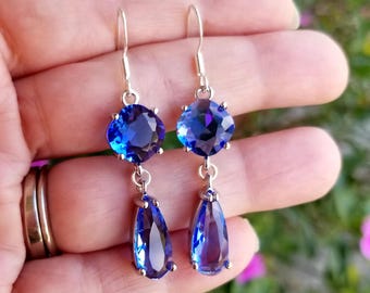 Handgemachte Sterling Silber Saphir Teardrop Ohrringe, Blauer Edelstein Baumeln, Saphir Schmuck, September Geburtsstein, Saphir Double Drop