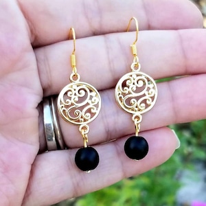 Schwarzer Achat Ohrringe, 14k Gold Ohrringe, Ohrringe aus schwarzem Stein, Gold Achat Ohrringe, Achat Schmuck, Perlen Ohrringe, Gold baumeln Ohrringe