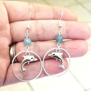 Silver Dolphin Earrings, Aquamarine Earrings, Dolphin Dangle Earrings, Hoop Earrings, Dolphin Jewelry, Dangle Earrings, Dolphins, Sea Life
