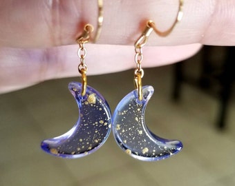 Purple Glass Moon Earrings, Moon Earrings, 14k Gold or Sterling Silver, Crescent Moon Dangle Earrings, Moon Jewelry, Celestial, Moons