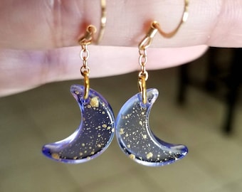 Purple Glass Moon Earrings, Moon Earrings, 14k Gold or Sterling Silver, Crescent Moon Dangle Earrings, Moon Jewelry, Celestial, Moons