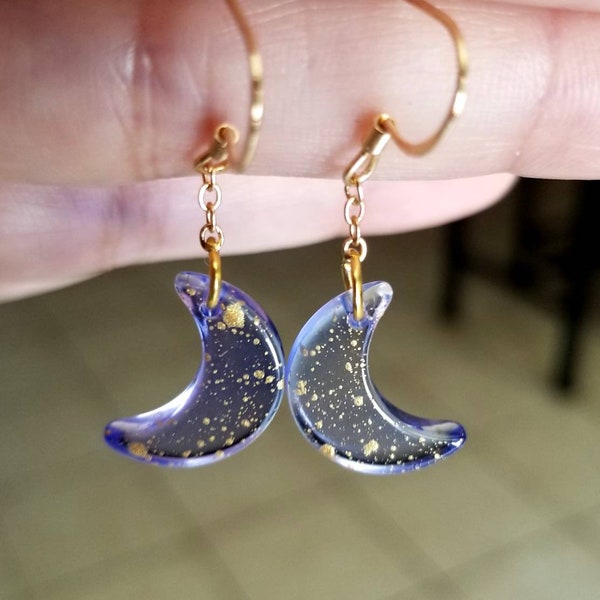 Purple Glass Moon Earrings, Moon Earrings, 14k Gold or Sterling Silver, Crescent Moon Dangle Earrings, Moon Jewelry, Celestial, Moons