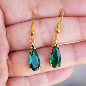 14k Gold Emerald Earrings, Gold Dangle Earrings, Womens Earrings, Green Earrings, Tear Drop, Emerald Jewelry, Green Gemstone, Gifts for Her,