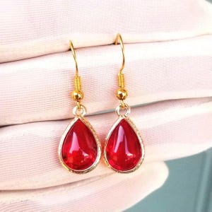 14k Gold Ruby Earrings, Teardrop Ruby Earrings, Gold Dangle Earrings, Ruby Dangle Earrings, Water Drop Earrings,  Womens Gold Earrings