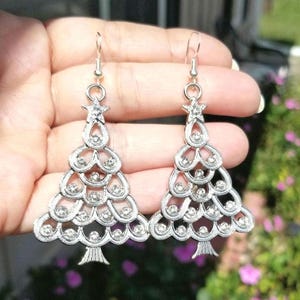 Pendientes grandes de árbol de Navidad de plata de ley, joyas navideñas, pendientes navideños grandes, joyas navideñas, días festivos