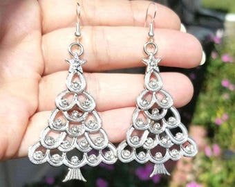 Large Sterling Silver Christmas Tree Earrings, Christmas Jewelry, Large Christmas Earrings, Holiday Jewelry, Holidays