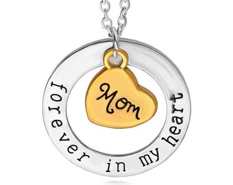 Mom Memorial Necklace, Forever In My Heart Pendant, Mom In Memory Jewelry, Loss of Mother Gift, Two Tone