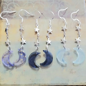 Moon Earrings, Moon & Stars Earrings, Glass Moon Charm, Gothic, Crescent Moon Earrings, Dangle Earrings, Silver Moon Earrings, Celestial,