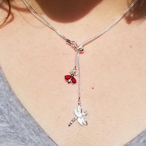 Sterling Silver Ruby Lariat Necklace, Dragonfly & Bee Birthstone Pendant Necklace, Ruby Necklace, July Birthstone Necklace