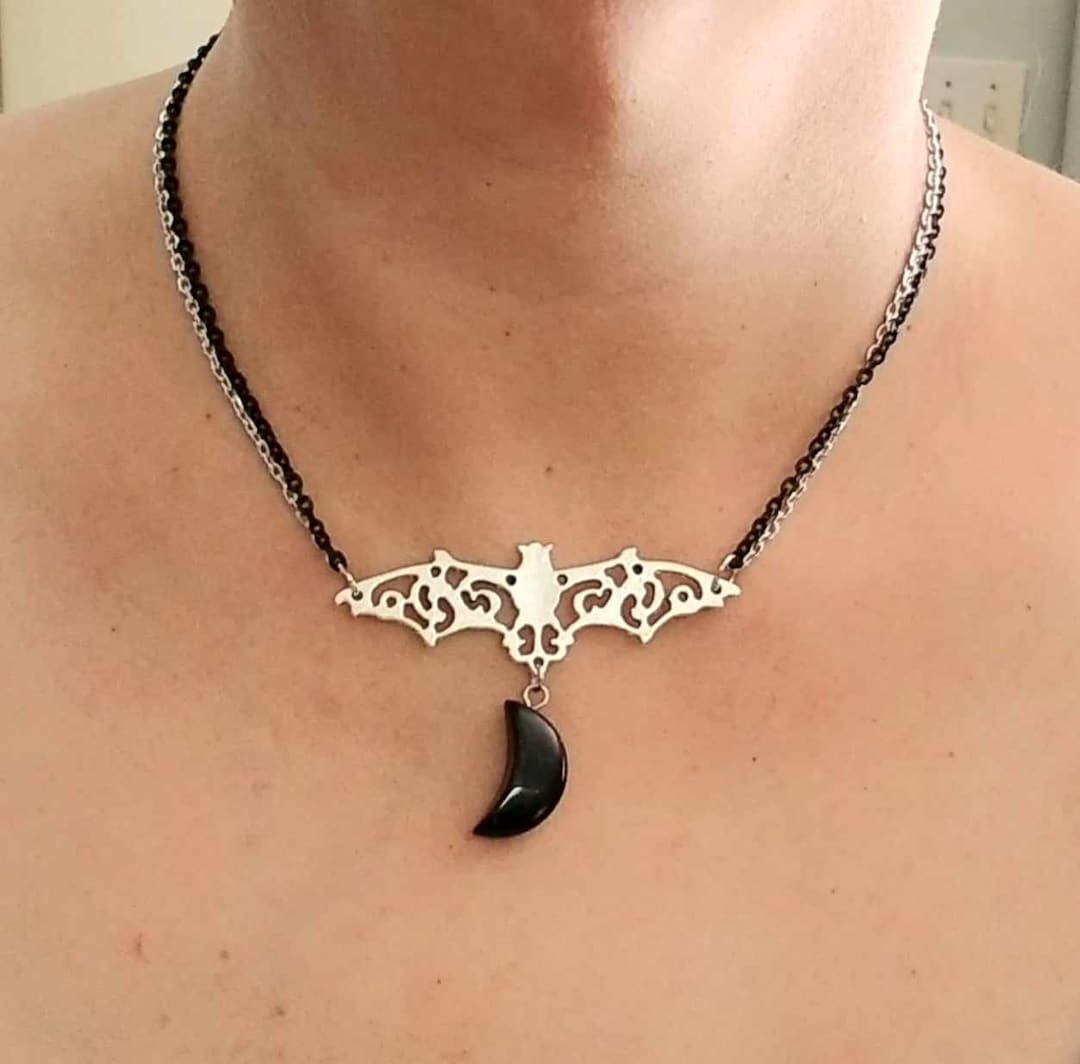 Bat Choker Necklace, Black Onyx Moon Necklace, Bat Moon Necklace ...