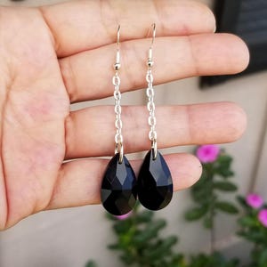 Large Black Crystal Earrings, Black Crystal Teardrop Earrings, Silver Dangle Earrings, Womens Earrings, Black Crystal Jewelry, Gifts for Her