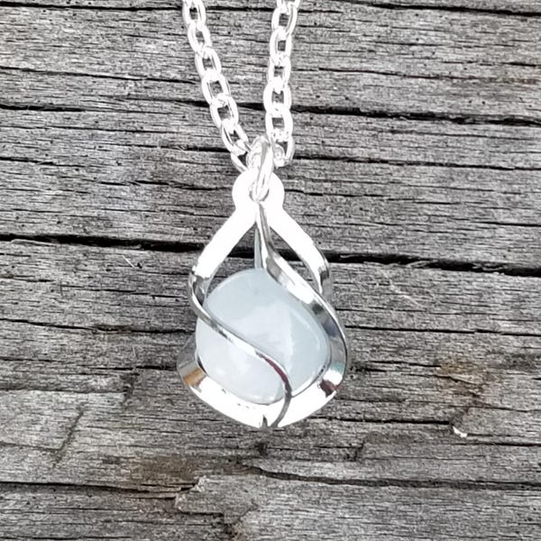 Silver Moonstone Necklace, Caged Moonstone Orb Pendant Necklace, Natural Stone, Bohemian, Womens Moonstone Jewelry