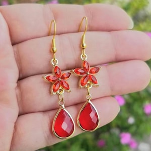 14k gouden robijn oorbellen, robijn bloem oorbellen, robijn traan, robijn oorbellen, druppel, dames, robijn sieraden, cadeaus voor haar, rode edelsteen