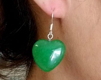 Sterling Silver Jade Earrings, Jade Heart Dangle Earrings, Jade Dangle Earrings, Green Jade Earrings, Green Jade, Green Jade Dangle Earrings
