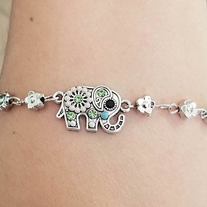 Elephant Anklet, Elephant Bracelet, Crystal Elephant Ankle Bracelet, Daisy Anklet, Flower Anklet, Lucky Elephant, Elephant Jewelry