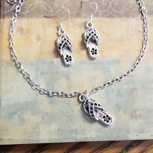 Silber Ohrringe & Fußkettchen Set, Flip Flop Baumeln Ohrringe, Flip Flops Schmuck, Silber Fußkettchen, Damen Schmuck, Ozean, Strand, Tropisch, Sommer