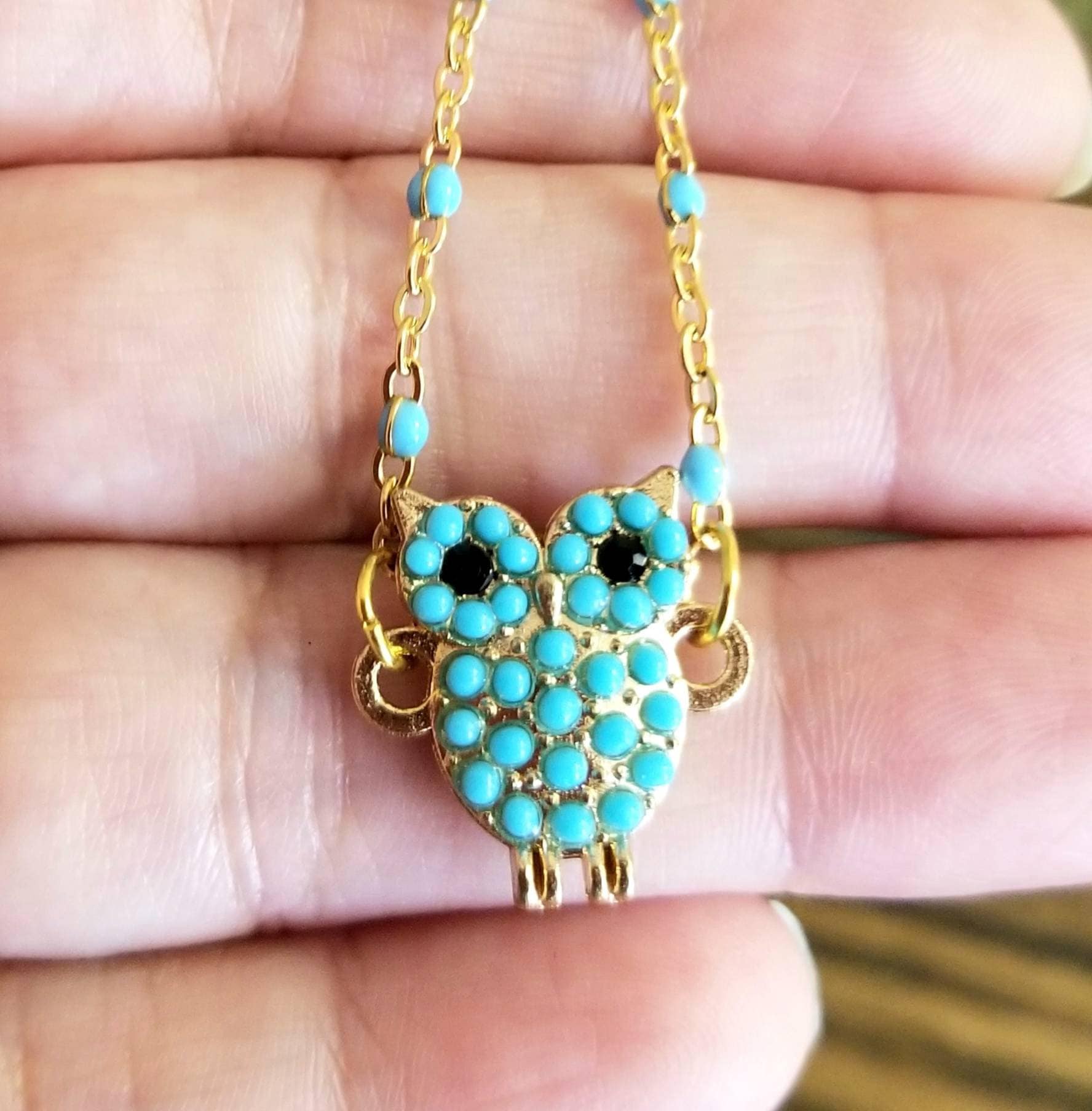 Turquoise Bead Owl Necklace, Owl Pendant Necklace, Owl Necklace, Owl Charm, Gift for Her, Owls, Gold
