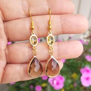 14k Gold Smoky Quartz & Citrine Earrings, Smoky Quartz Dangle Earrings, Smoky Quartz Earrings, Brown Yellow Earrings, Smoky Quartz Jewelry