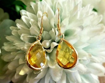 14k Gold Citrine Earrings, Citrine Tear Drop Earrings, Citrine Dangle Earrings, Womens Earrings, Yellow Stone Jewelry, November Birthstone