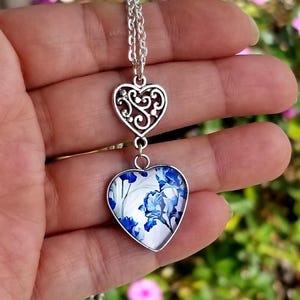 Silver Iris Necklace, Iris Pendant Necklace, Blue & White Iris Heart Pendant, Iris Necklace, Iris Jewelry, Iris Flower Necklace, Easter Gift