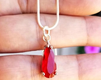 Sterling Silver Ruby Necklace, Ruby Pendant Necklace, Silver Ruby Necklace, Ruby Teardrop Pendant, Ruby Jewelry, July Birthstone Earrings