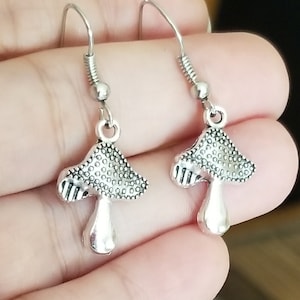 Silver Mushroom Earrings, Mushroom Earrings, Mushroom Jewelry, Womens Earrings, 70&#39;s Themed, Hippie, Boho, Cottgecore, 70&#39;s Jewelry