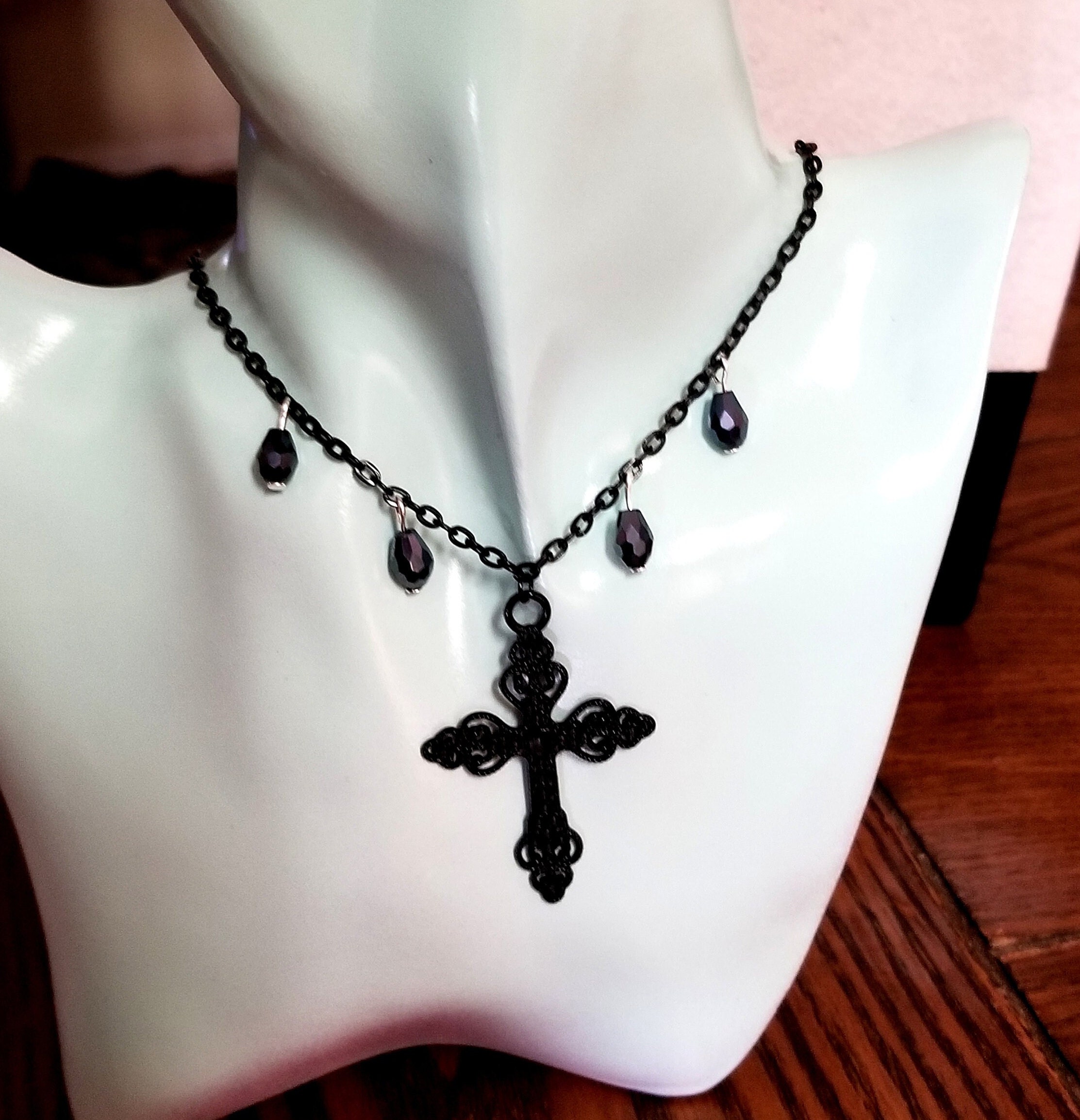 Large Black Cross Necklace, Black Crystal Choker Necklace, Cross 