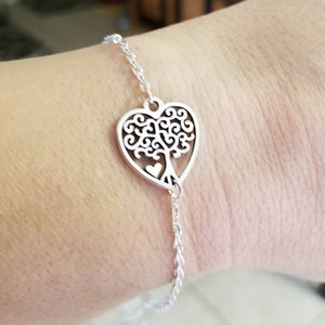 Sterling Silver Tree of Life Bracelet, Family Tree Bracelet, Heart Charm Bracelet, Tree of Life Jewelry, Silver Tree of Life, Gift for Her