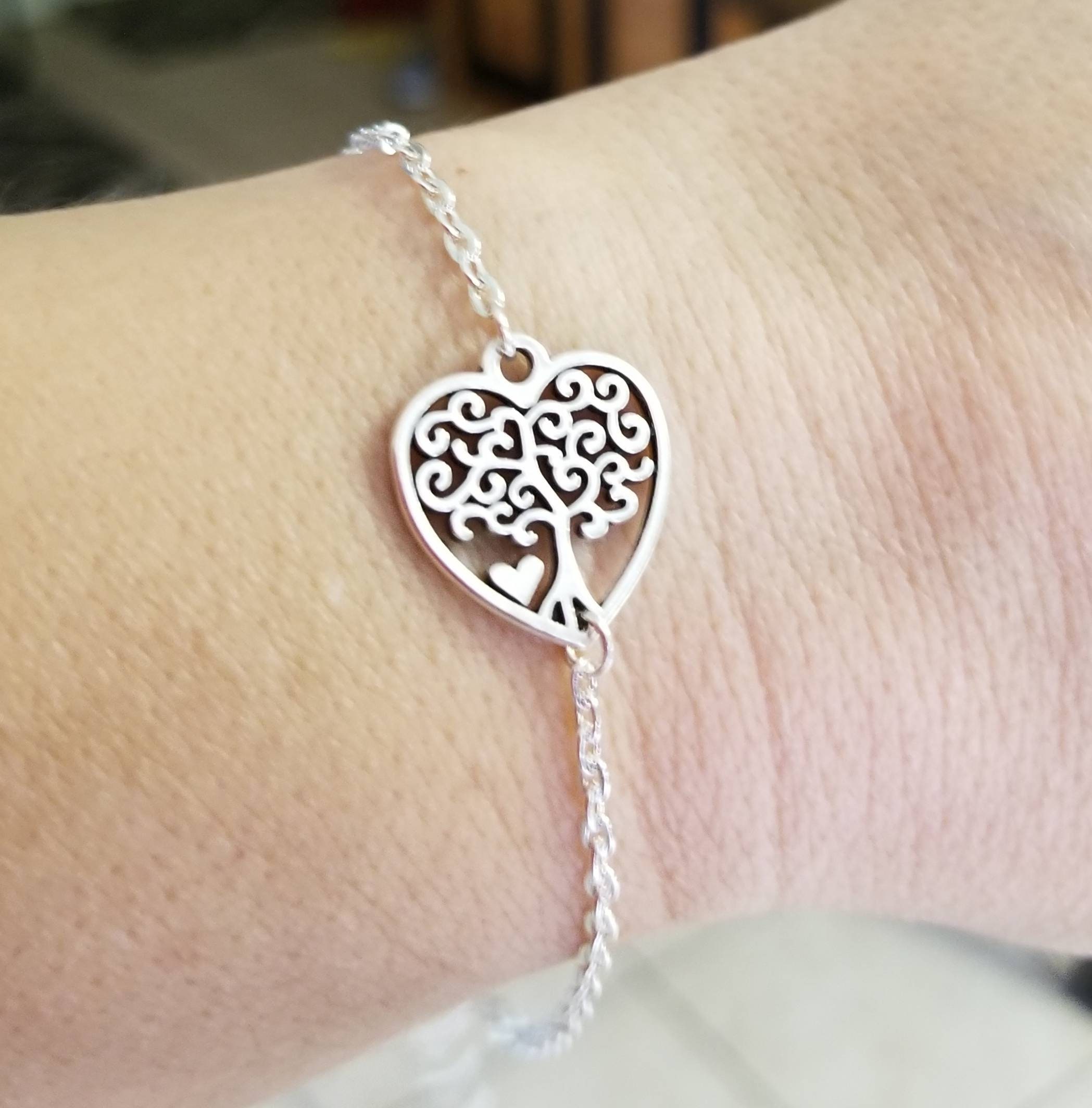 Sterling Silver Tree of Life Bracelet, Family Tree Bracelet, Heart Charm Bracelet, Tree of Life Jewelry, Silver Tree of Life, Gift for Her