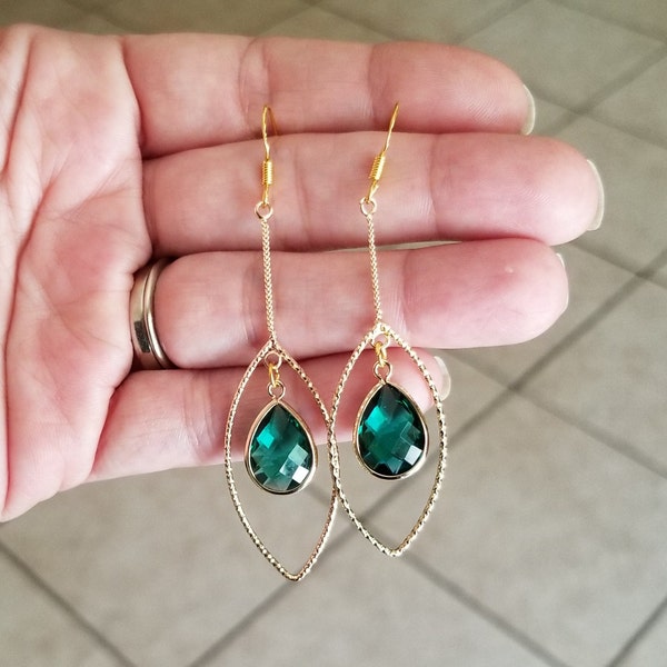 14k Gold Emerald Earrings, Gold Dangle Earrings, Womens Earrings, Long Dangle Earrings, Green Gemstone, Emerald Jewelry, Gifts for Her,