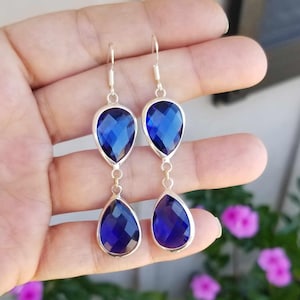 Sterling Silver Blue Sapphire Earrings, Teardrop Sapphire Earrings, Blue Sapphire Dangle Earrings, Sapphire Jewelry, September Birthstone