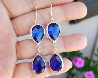 Sterling Silber Blauer Saphir Ohrringe, Tropfen Saphir Ohrringe, Blauer Saphir Baumeln Ohrringe, Saphir Schmuck, September Geburtsstein