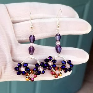 Purple Floral Earrings, Beaded Earrings, Beaded Flower Earrings, Flower Hoop Earrings, Purple Earrings, Floral Dangle Earrings, Gift for Her