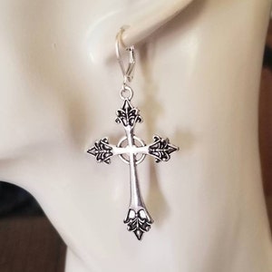 Mens Large Cross Earring, Sterling Silver Cross Earring, Mens Earring, Dangle, Goth, Gothic Jewely, Religious Jewelry, Mens Jewelry