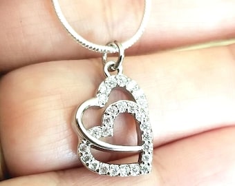 Sterling Silver Zircon Double Heart Pendant Necklace, Interlocking Hearts Necklace, Two Hearts, Valentines Day Gift, Heart Jewelry