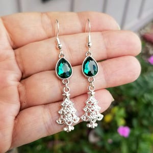 Silver Christmas Tree Earrings, Silver Christmas Earrings, Crystal Christmas Earrings, Christmas Dangle Earrings, Christmas Trees, Festive