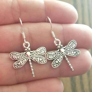 Silver Dragonfly Earrings, Dragonfly Dangle Earring, Dragonfly Jewelry, Silver Dangle Earrings, Women&#39;s Earrings, Dragonflies, Cottagecore