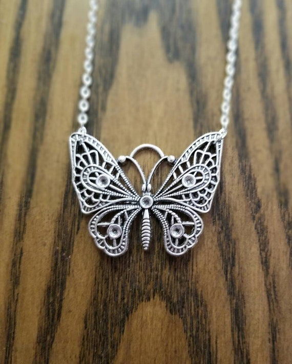 Large silver butterfly necklace deals