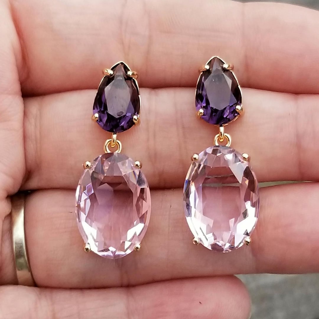 14k Gold Amethyst & Pink Tourmaline Double Drop Stud Earrings